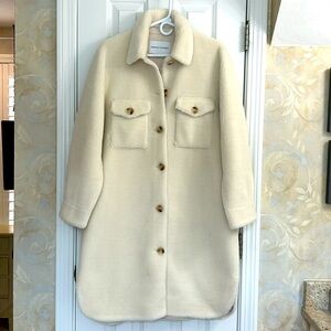 Rebecca Minkoff Faux Sherpa Long Coat with Tortoise Button Closure. EUC